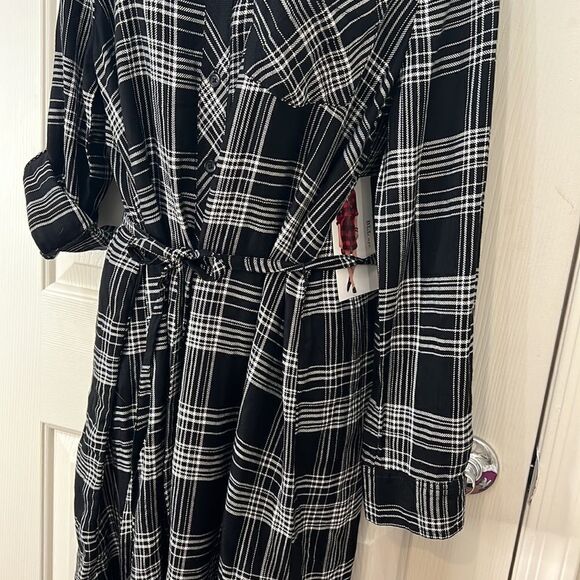 BLL Nyc Woman’s Large Black White Plaid Dress Button Front Tie Belt Pocket New - Picture 5 of 11